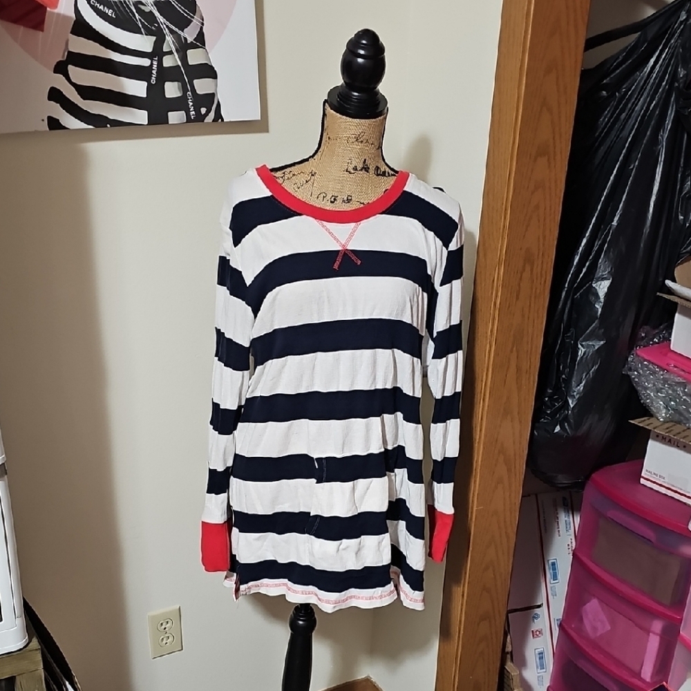 Northcrest Navy Blue and White Striped Top with Red Trim. 3x